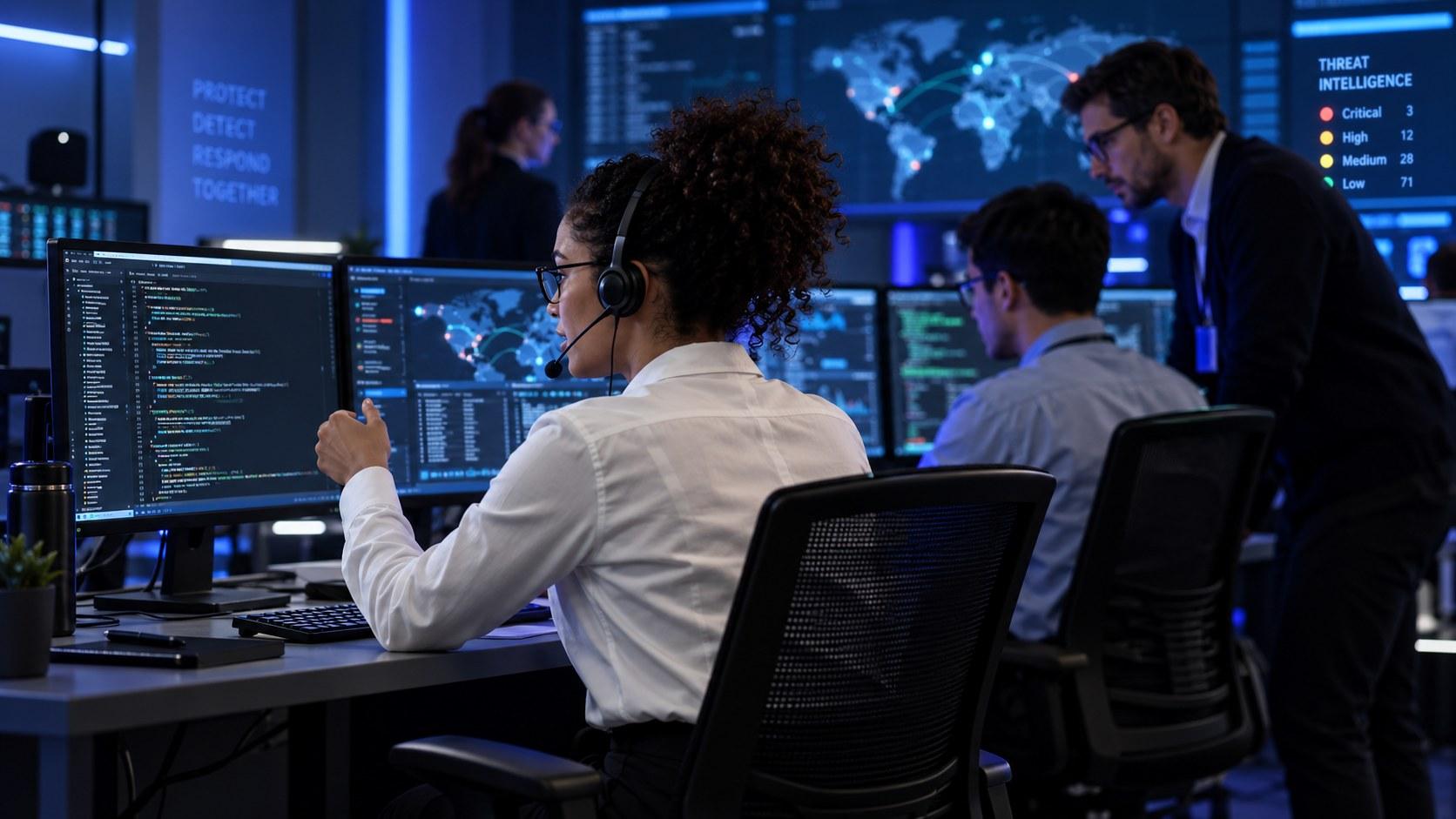 Technology specialists collaborating in an operations centre