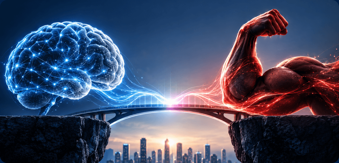 A glowing brain and a flexed arm connected by a bridge, representing strategy paired with execution